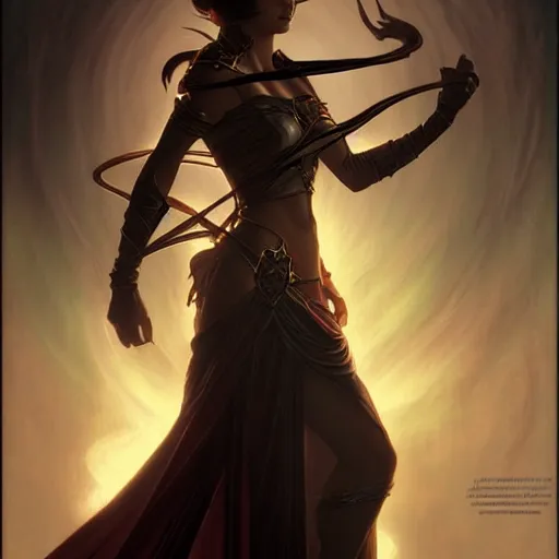 Image similar to female Planeswalker Magic the Gathering, dark fantasy, medium shot, intricate, elegant, highly detailed, digital painting, volumetric light, artstation, concept art, smooth, sharp focus, illustration, art by Gil Elvgren and Greg Rutkowski and Alphonse Mucha