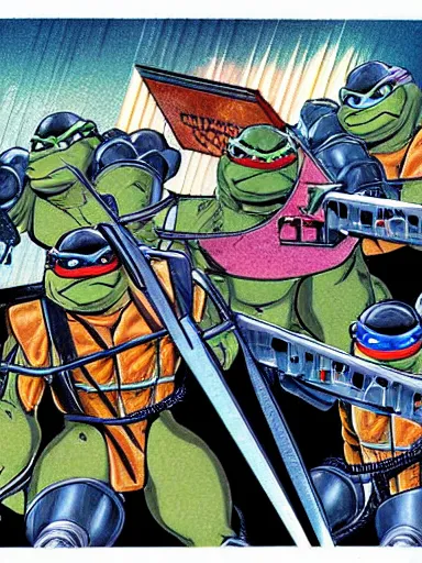 Image similar to full - color 1 9 8 5 anime illustration of the ninja turtles fighting against the terminator endoskeleton inside the cluttered cyberdyne lab. highly - detailed professional art ; high - resolution.