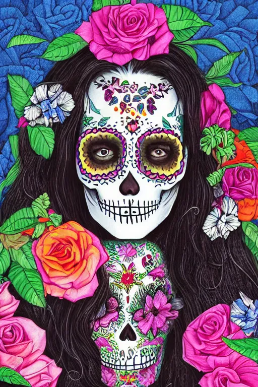 Prompt: Illustration of a sugar skull day of the dead girl, art by gregory crewdson