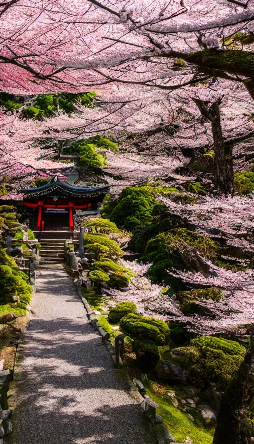 Prompt: a shinto shrine path atop a mountain,spring,cherry trees,beautiful,nature,distant shot,isometric
