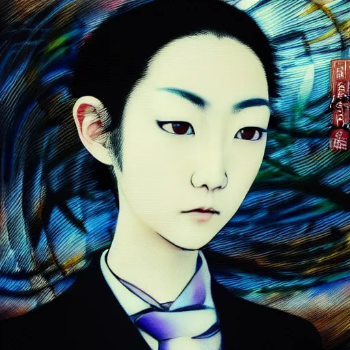 Image similar to yoshitaka amano blurred and dreamy realistic three quarter angle portrait of a young woman with short hair and black eyes wearing office suit with tie, junji ito abstract patterns in the background, satoshi kon anime, noisy film grain effect, highly detailed, renaissance oil painting, weird portrait angle, blurred lost edges