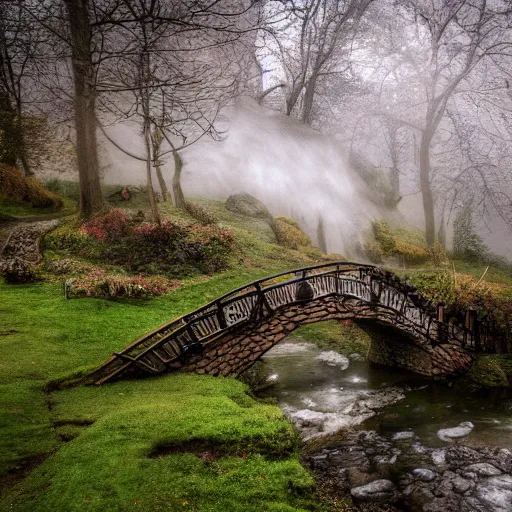 Prompt: spring at medieval hobbit village, ornate, beautiful, atmosphere, vibe, mist, smoke, fire, chimney, rain, wet, pristine, puddles, melting, dripping, snow, creek, lush, ice, bridge, green, stained glass, forest, roses, flowers, color page, 4 k, contest winner