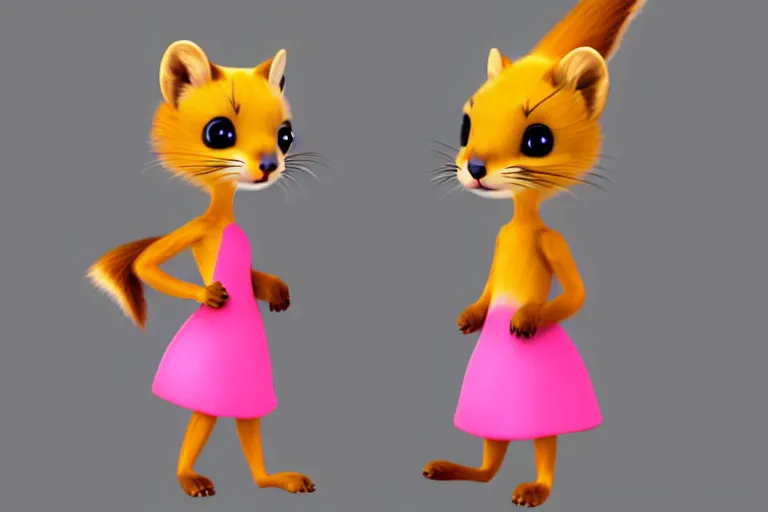 Prompt: female marten character : wearing jewelry : wearing a pink dress : wearing yellow hat : head torso legs feet : lorax movie : artstation : cel shading