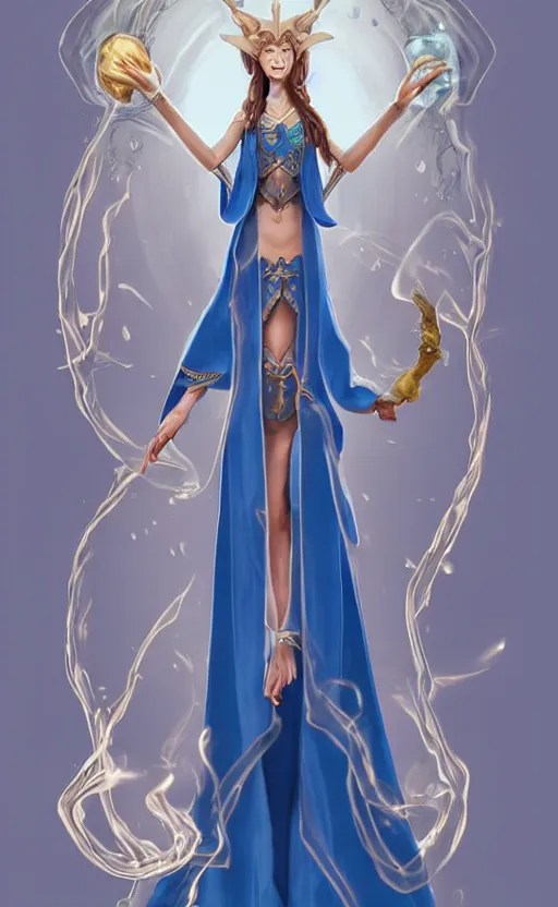 Image similar to elf female sorcerer doing water magic spells, blue robes, exquisite details, full body character design on a white background, by studio muti