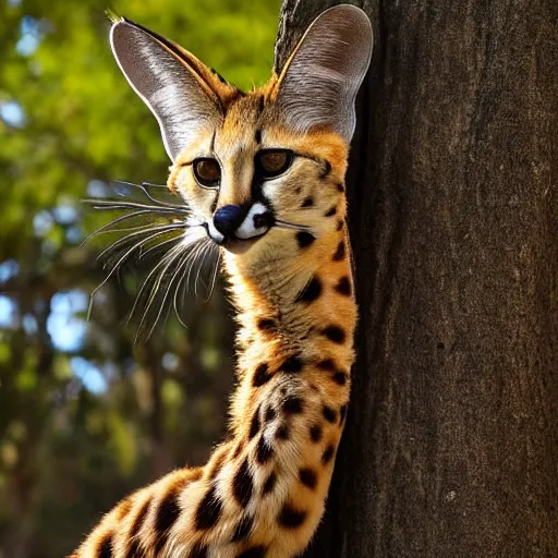 Prompt: photo of a serval whose torso is extremely long and thin and twisted into a coil, resembling a snake. it is in an oak forest. its tongue is a long forked snake - tongue. nature photography ; high - resolution.