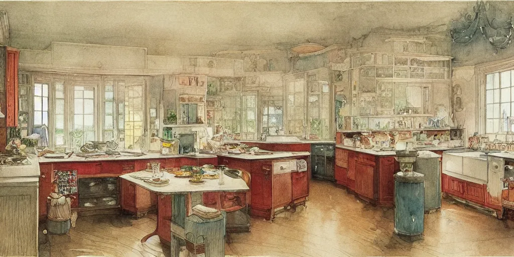 Prompt: a hiper intricate watercolor of a beatiful modern kitchen, extremely detailed, sharp focus, wide view, detailed rought paper, digital illustration, colorfull, by william turner art, by greg rutowski, by carl larson, by edmund dulac