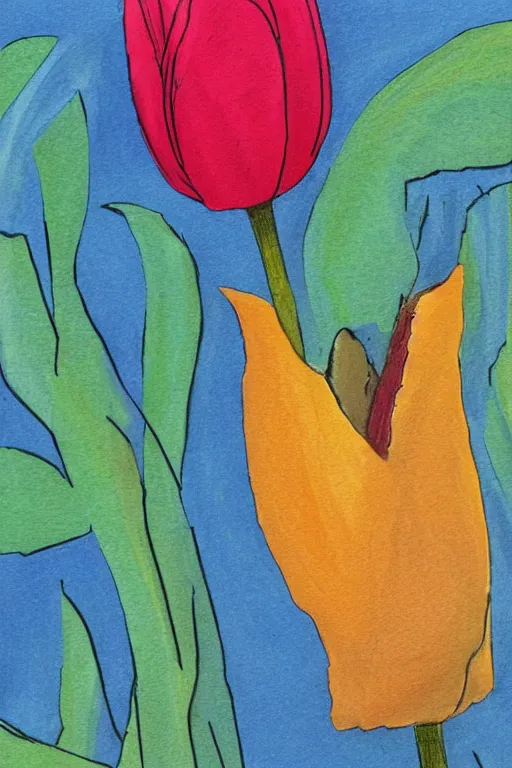 Prompt: colorful sketch in a simple style of a side view of a planted tulip with roots going deep into the ground with the colors of mexico