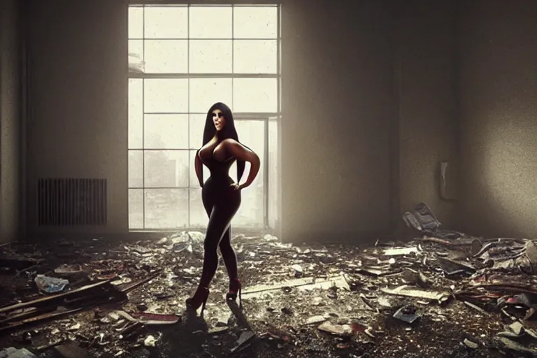 Prompt: photo still of kim kardashian as a cop inside a derelict apartment, glowing walkie talkie, realistic, wide shot, symmetrical, highly detailed, digital photo, instagram, hyper realistic, smooth, sharp focus, illustration, cinematic lighting, art by artgerm and greg rutkowski and alphonse mucha