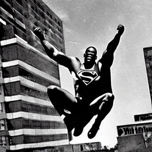 Prompt: Superman played by derrick trotter, photo, movie still, realistic