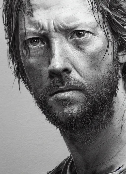 Image similar to portrait, Tom Yorke in the Last of US universe, watercolor, dramatic lighting, cinematic, establishing shot, extremely high detail, foto realistic, cinematic lighting, pen and ink, intricate line drawings, by Yoshitaka Amano, Ruan Jia, Kentaro Miura, Artgerm, post processed, concept art, artstation, matte painting, style by eddie mendoza, raphael lacoste, alex ross