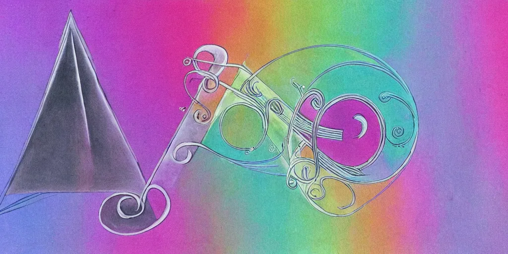 Prompt: a curving swirling treble clef staff of complex musical notes and tiny prisms flowing from a glass pyramid prism, pastel faded grey rainbow, pink and grey muted colors, faded grey muted wash of distant pastel colors, in the style of Pink Floyd Dark Side of the Moon