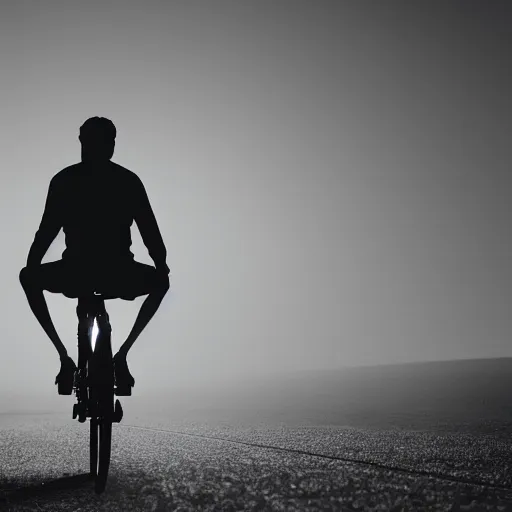 Prompt: high detail photo of a silhouette of a man riding a bicycle on an endless road on an alien planet, neon, cinematic, atmospheric, spooky, hazy, 8k, tranquil, desolate