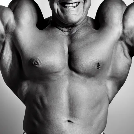 Image similar to a photoshoot of an extremely buff danny devito flexing his muscles, dramatic, studio lighting, black and white