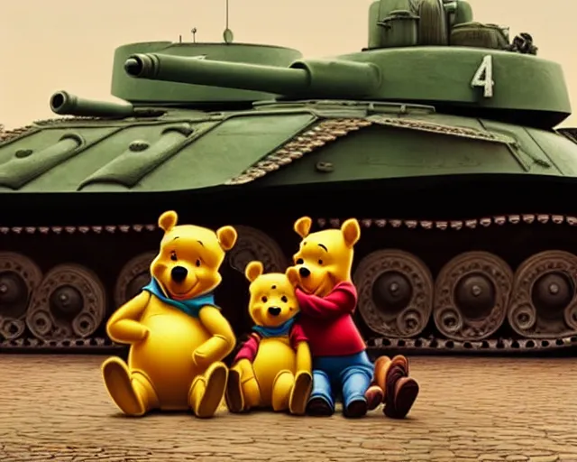 Image similar to winnie the pooh protesters sit down in front of tank at tiananman square, cute and cuddly, highly detailed, photorealistic, octane render, 8 k, unreal engine. art by artgerm and greg rutkowski and alphonse mucha