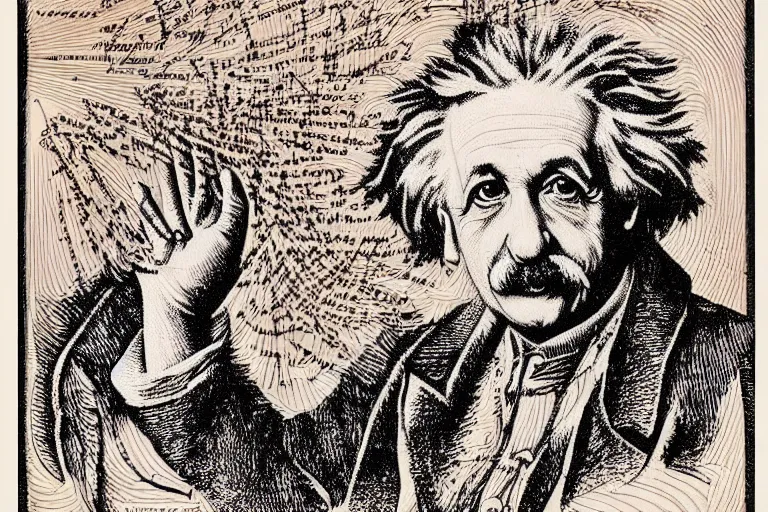 Image similar to an engraved portrait of albert einstein surrounded by intricate equations of theory of relativity, detailed!!! copper - plate engraving in the style of a postage stamp, freemason symbol, fine!!! lines, engraved by alfred sealey, bureau of engraving and printing