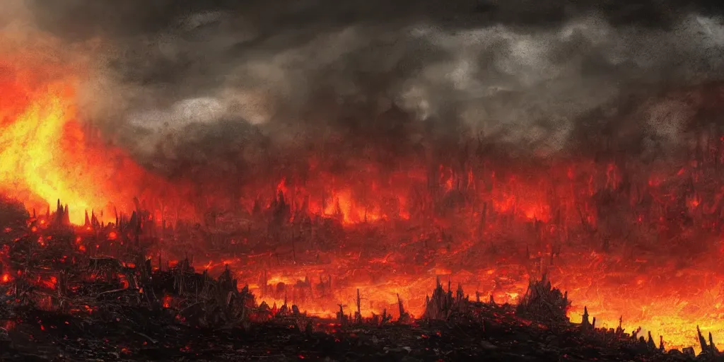 Image similar to a castle in distance in flames and ruins, the ground is dark and cracked, a large man in full plate of black armor, splattered in blood, riding a large black horse with red glowing eyes and red wisps emanating from it's eyes, blackened clouds cover sky crackling with lightning and rain in the distance,,