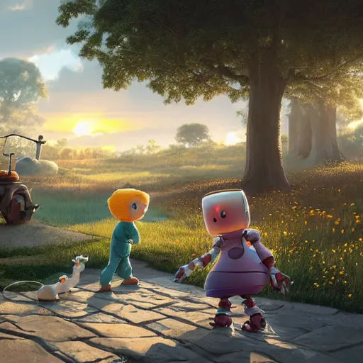 Prompt: cottagecore illustration of children playing with a smiling roboton a peaceful morning, pixar and disney animation, sharp, rendered in unreal engine 5, art by greg rutkowski, bloom, dramatic lighting, sunrise