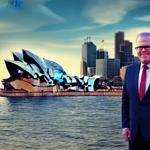 Image similar to Prime Minister Scott Morrison selfie by the Sydney Opera House, cinematic, hyper realism, high detail, vivid colors, octane render, unreal engine, 8k