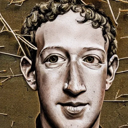 Prompt: a portrait of Mark Zuckerberg made of twigs