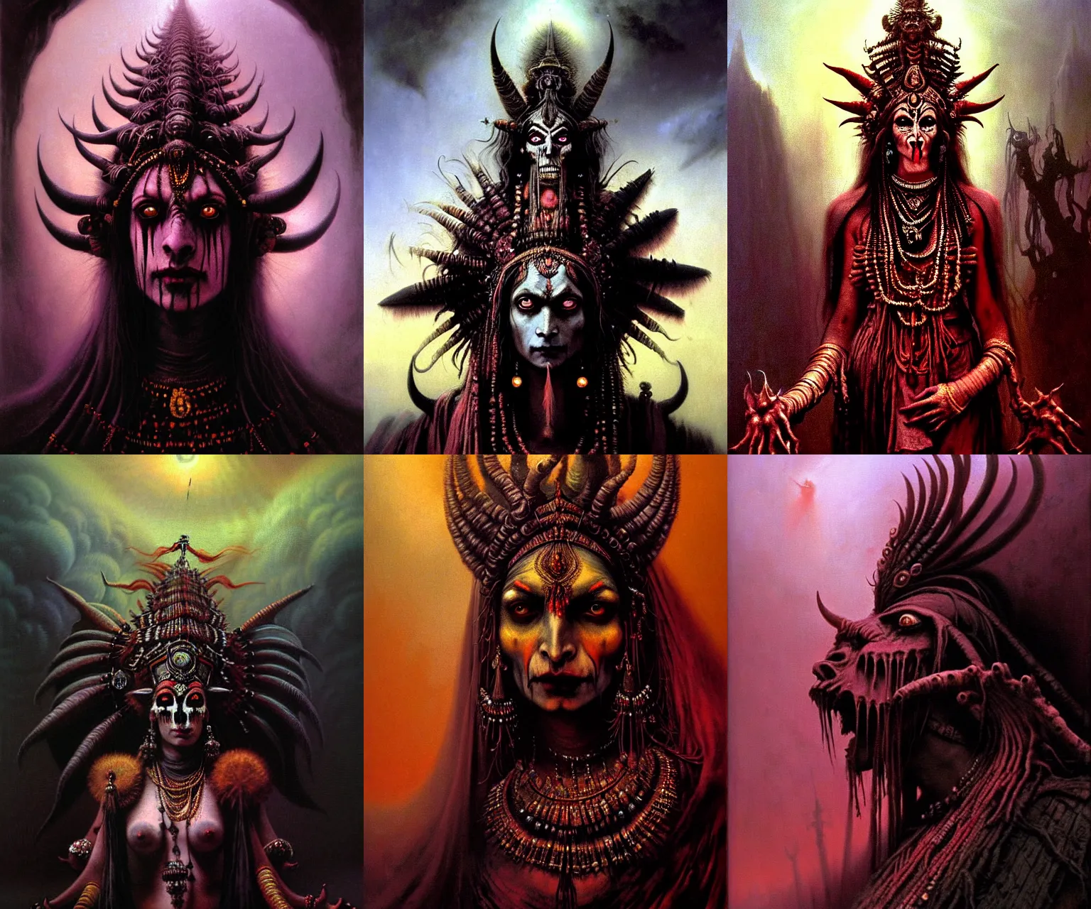 Prompt: A cinematic gothic closeup portrait of the majestic mystical colossal Indian Hindu Evil Demon Satan goddess princess mistress of Death, by Rembrandt van Rijn, by Wayne Barlowe, by Paul Lehr, by Bruce Pennington, by Zdzisław Beksiński, oil on canvas, masterpiece, trending on artstation, featured on pixiv, cinematic composition, dramatic pose, beautiful lighting, sharp, details, details, hyper-detailed, no frames, 8K