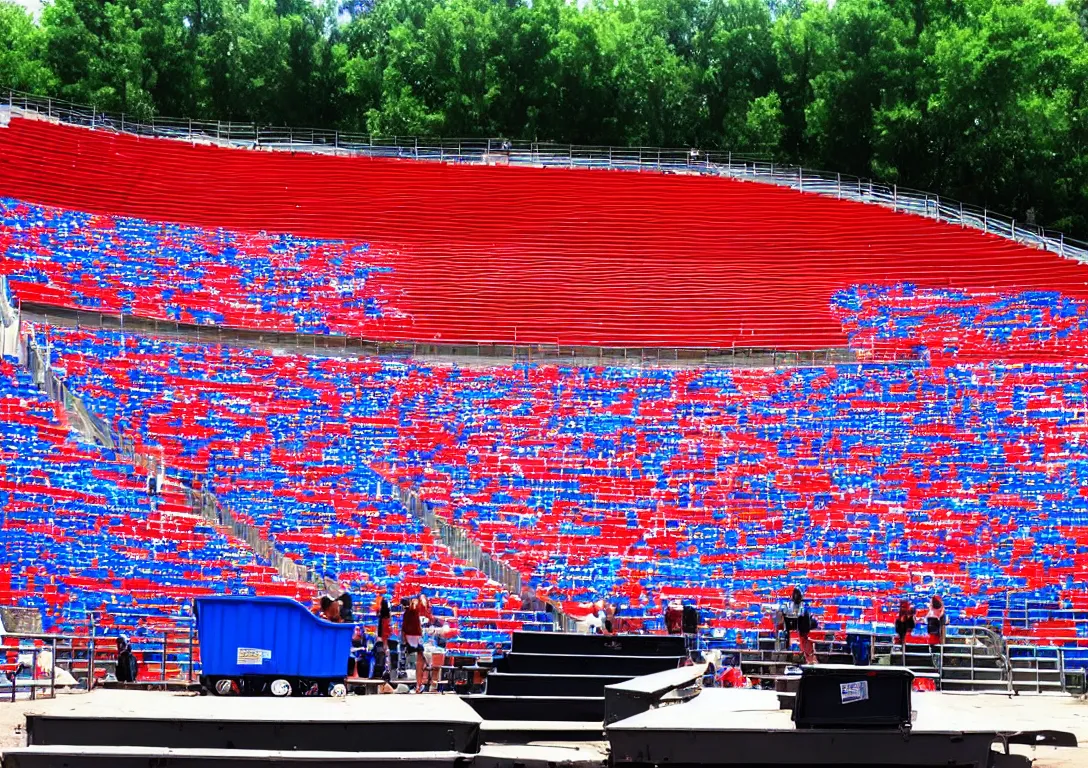 Image similar to Large amphitheater full of people watching a dumpster with a fire inside of it on the stage. Red white and blue themed.