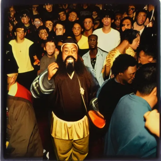 Image similar to Confucius at a rap battle, 90s polaroid, by Saul Leiter, Jamel Shabazz, Nan Goldin