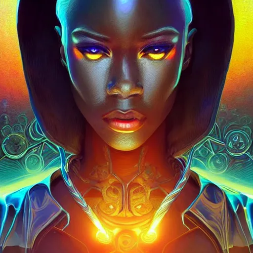 Image similar to african neon necromancer, science fiction, highly detailed, digital painting, beautiful eyes, symmetry, concept art, sharp focus, illustration, global illumination, radiant light, synthwave colors, detailed and intricate environment, art by artgerm and greg rutkowski and magali villeneuve and ilya kuvshinov!