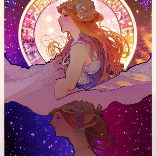 Prompt: a beautiful highly detailed digital art of colorful castle nebulas by alphonse mucha, moebius, krenz cushart, stars in the background, highly detailed, intricate design, cinematic view, 8 k resolution, trending on artstation