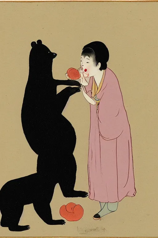 Image similar to portrait of a girl giving a peach to a large anthropomorphic asian black bear, in the style of foujita tsuguharu