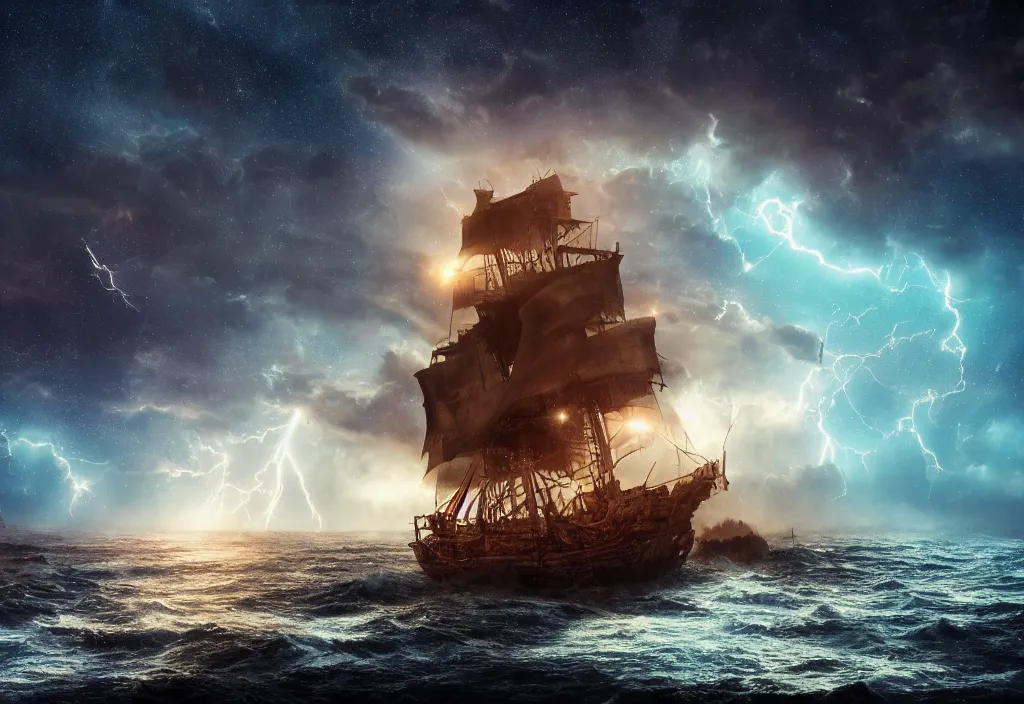 Prompt: photograph of a pirate ship traveling through sea of stars, breathtaking stars, thunderstorm lightning, interstellar, concept art, NASA, 4K, Detailed, HDR