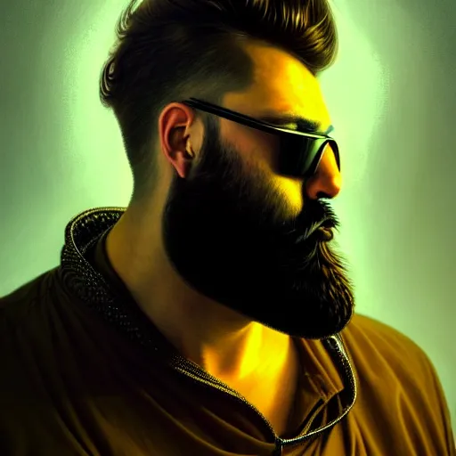 Image similar to bearded man with extremely large and intricate haircut with angry yellow eyes and slim features looking askance, eye cyberpunk bionics, retro futurist style, intricate, elegant gleaming intricate baroque jewelry, angelic halo, highly detailed, digital painting, artstation, concept art, smooth, sharp focus, illustration, art by wlop, mars ravelo and greg rutkowski,