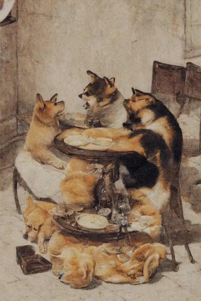 Image similar to a shiba inu eating lunch in colonial - era manila, in the style of juan luna, 8 k, highly detailed, artistic, romanticism art style