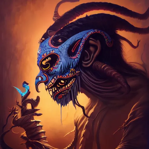 Prompt: side profile of barong family member, wiwek, mara demon, one single tribe member, jungle, one single mask, dark, voodoo, witch doctor, tribal, inner glow, paint by peter mohrbacher