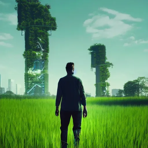 Prompt: a man walking across a lush green field, cyberpunk art by beeple, cgsociety, retrofuturism, synthwave, retrowave, outrun