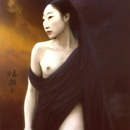 Image similar to awe-inspiring award-winning concept art painting of attractive Ashley Liao in black shrouds as the goddess of the moonbow, rainbow, by Michael Whelan, William Adolphe Bouguereau, John Williams Waterhouse, and Donato Giancola, cyberpunk, extremely moody lighting, glowing light and shadow, atmospheric, shadowy, cinematic, 8K,