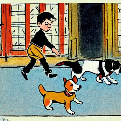 Image similar to illustration of french boy on the streets of paris playing football against a corgi, the dog is wearing a polka dot scarf, comic, 1 9 6 3