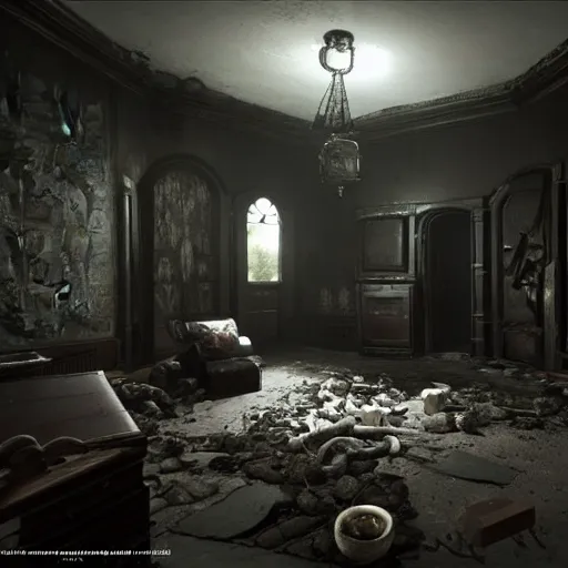 Prompt: room of a dark mansion, objects from ritual in the ground, realistic, highly detailed, hd, unreal engine, background of resident evil game