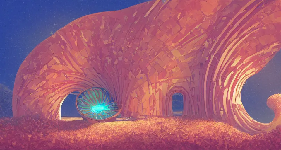 Image similar to digital painting of a tiny sacred spiral, procedural seashell house surrounded by dreamy coral, syd mead, cell shaded graphics, concept art, minimalist, golden ratio