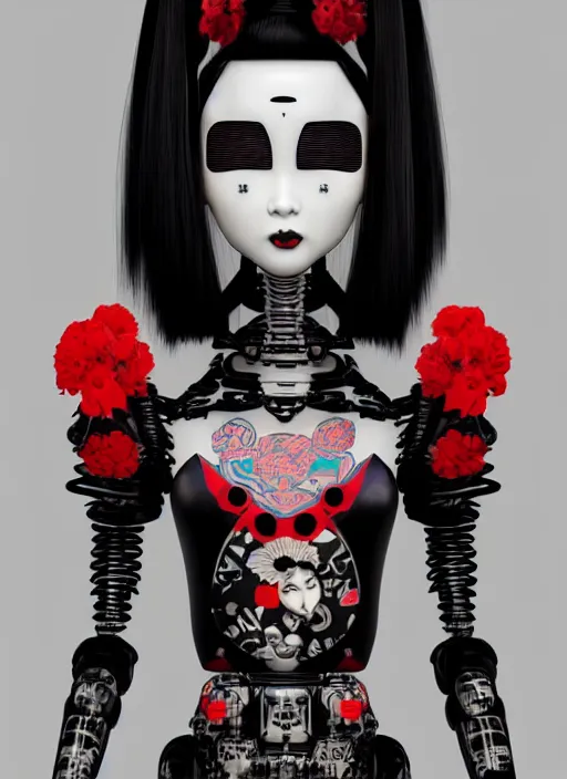 Image similar to full body portrait of a gothic style japanese robot geisha with kanji tattoos and decals wearing a digital pixelated kimono, intricate design, photo - realistic, octane render, dark colour palette, ultra fine detailed, character design, trending on artstation