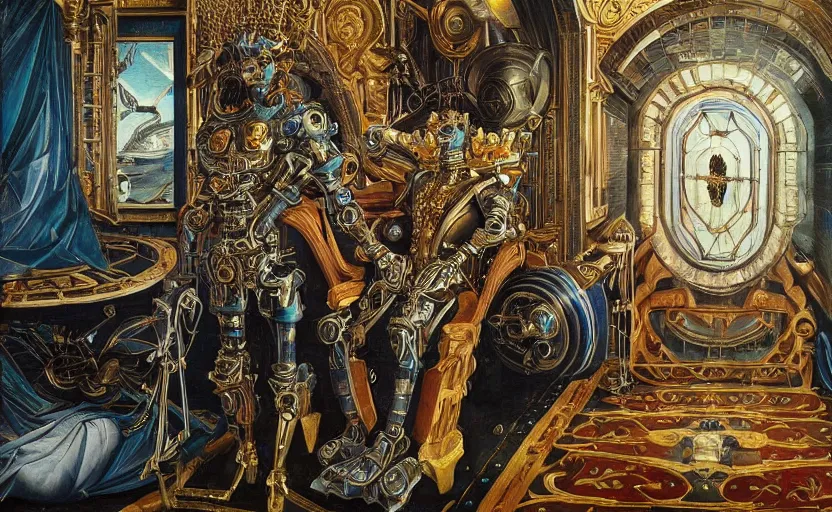 Prompt: beautifully painted mural of a mechanical cyborg king in ornate royal metallic fabric sitting in his royal throne room, piercing glowing eyes, sci fi scenery, fantasy setting, mural in the style of sandro botticelli, caravaggio, albrecth durer