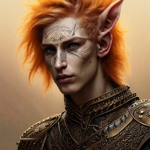 Image similar to portrait painting of a young elven man with a soft face and short light orange hair and tribal tattoos on his face wearing fur armor, ultra realistic, concept art, intricate details, eerie, highly detailed, photorealistic, octane render, 8 k, unreal engine. art by artgerm and greg rutkowski and charlie bowater and magali villeneuve and alphonse mucha