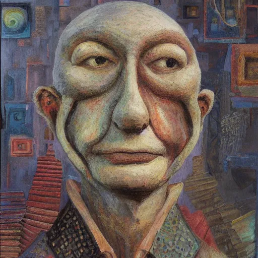 Image similar to a detailed, impasto painting by shaun tan and louise bourgeois of an abstract forgotten sculpture by ivan seal and the caretaker, alzheimer