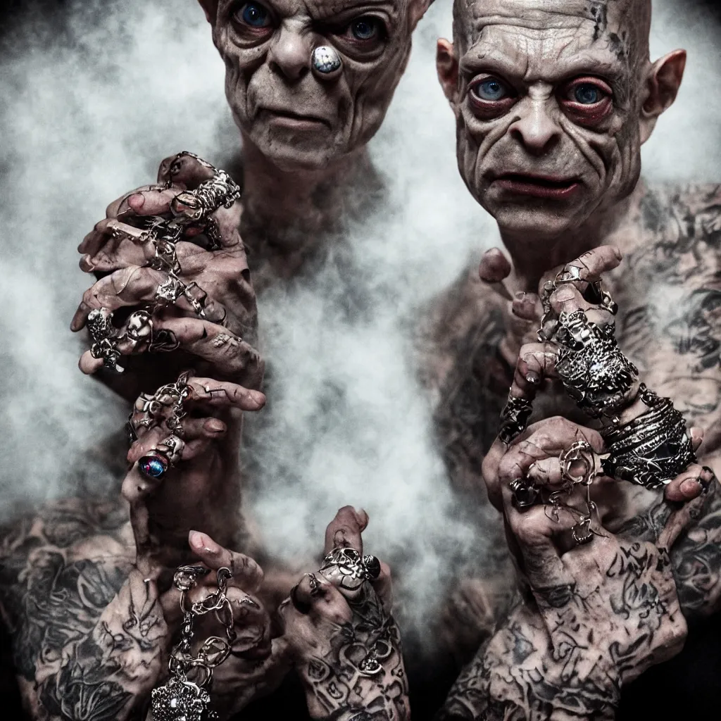 Prompt: gollum proudly wearing jewelry and bling in a dungeon, hip hop style, tattoos, imax, foggy atmosphere, bokeh, professional studio shot, stylized photo