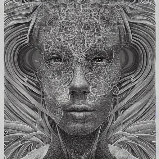 Image similar to hyper detailed bw linear pencil drawing, woman portrait, cyberpunk, organic symmetric shapes by ernst haeckel