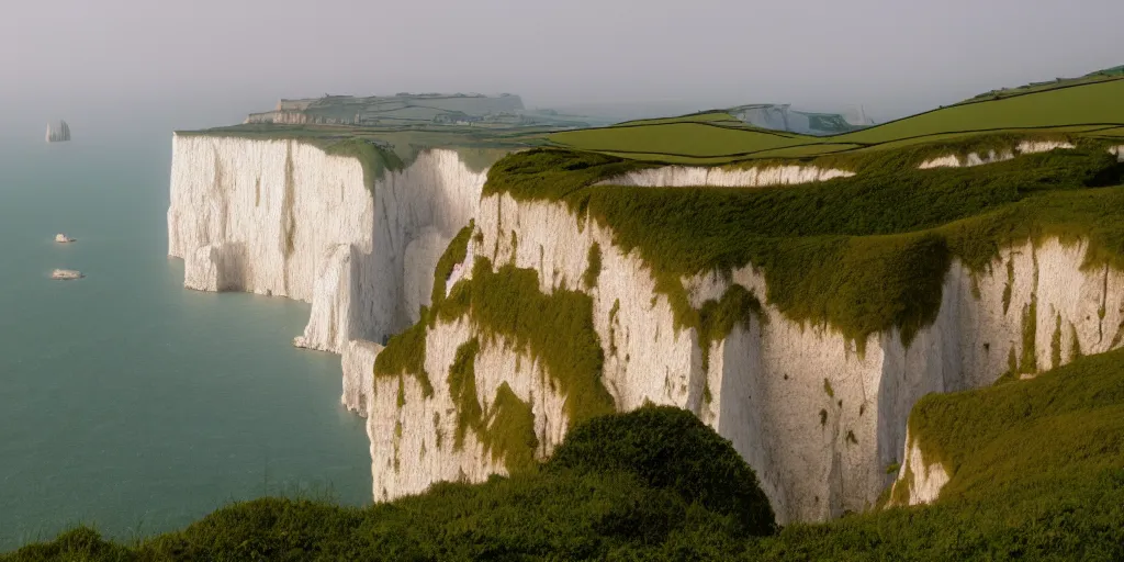 Image similar to background matte painting cliffs of dover miyazaki ghibli miyamoto pixar dreamworks, full frame, vista english countryside.