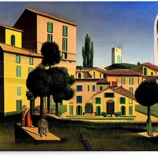 Prompt: solarpunk dreaming new York stock exchange in a toscana landscape with modern houses, painted by Giorgio de Chirico, highly detailed