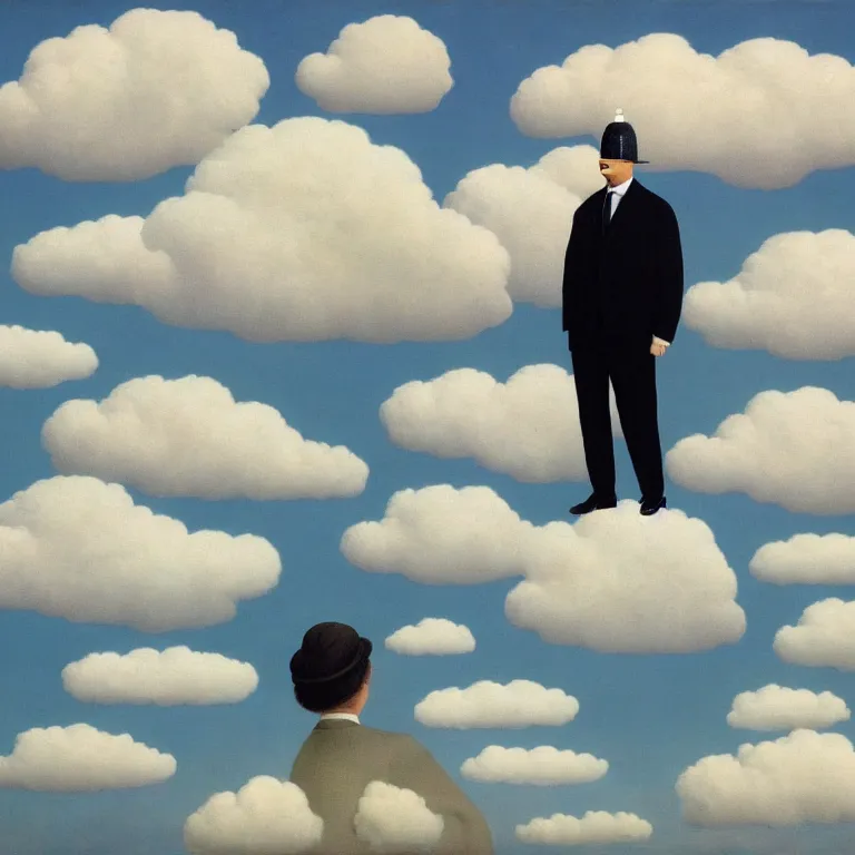 Image similar to portrait of a faceless beautiful flower - head man in a suit, clouds in the background, by rene magritte, detailed painting, distance, centered, hd, hq, high resolution, high detail, 4 k, 8 k