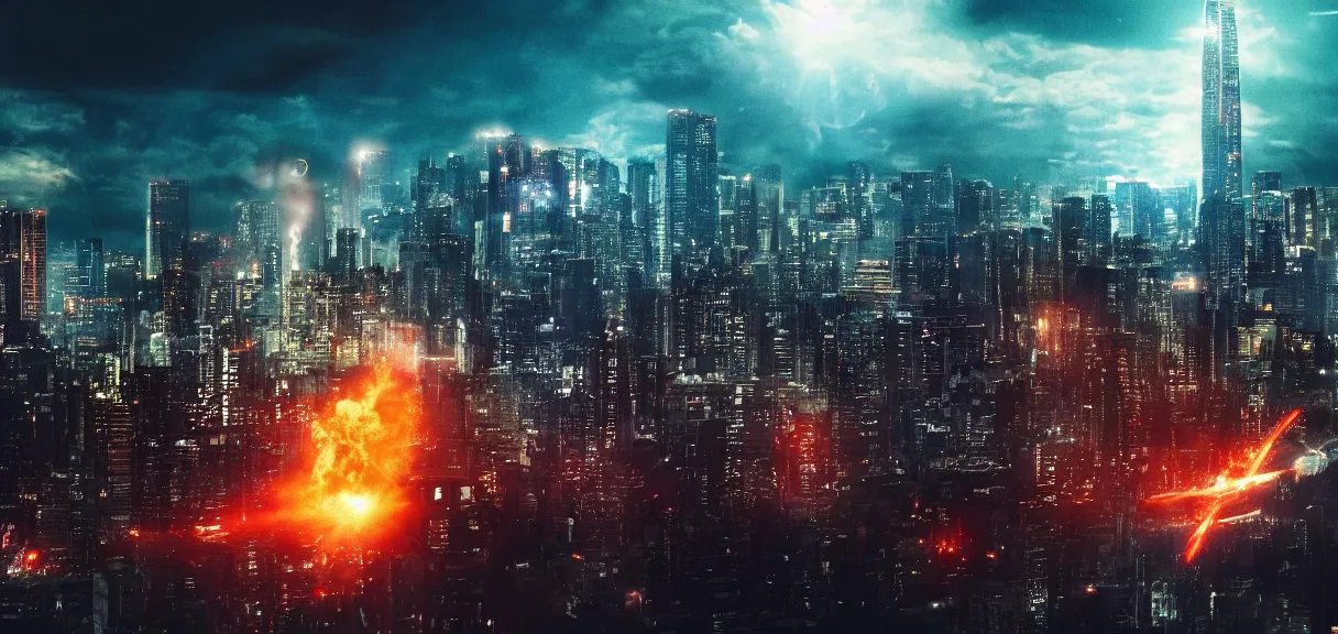 Image similar to A beautiful wide shot of Godzilla destroying the night city of Tokyo, cinematic, anamorphic 35 mm lens, cinematic, anamorphic lens flares 4k