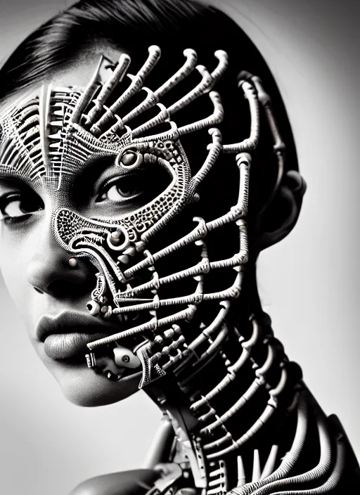 Image similar to a stunning young female cyborg profile face, face is made intricate tribal bio - mechanical, editorial photography, bw, shot on 7 0 mm, depth of field, f / 2. 8, high contrast, 1 6 k, rays of shimmering light, volumetric lighting, shiny, insanely detailed and intricate, hypermaximalist, elegant, ornate, hyper realistic, super detailed