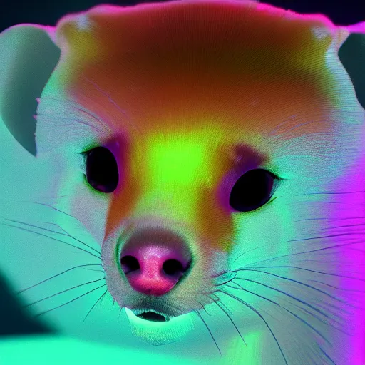 Prompt: neon fluorescent, iridescent cute ferrets cyperpunk 2 0 7 7, unreal engine 5, 8 k ultra realistic, hyperdetailed, volumetric lighting, extremely high quality